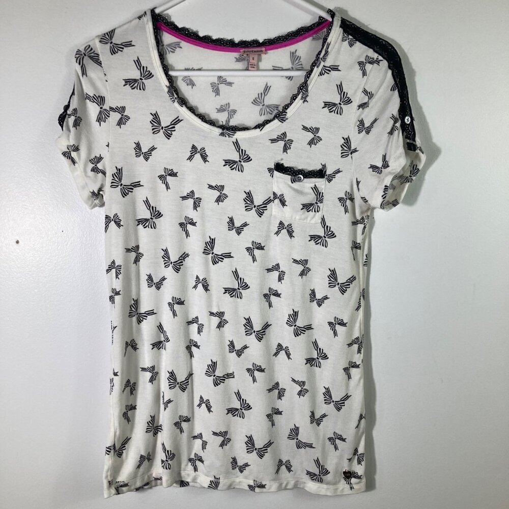 Womens Juicy Couture Cap Sleeve Tee‎ White Black Bows S Modal Elastane